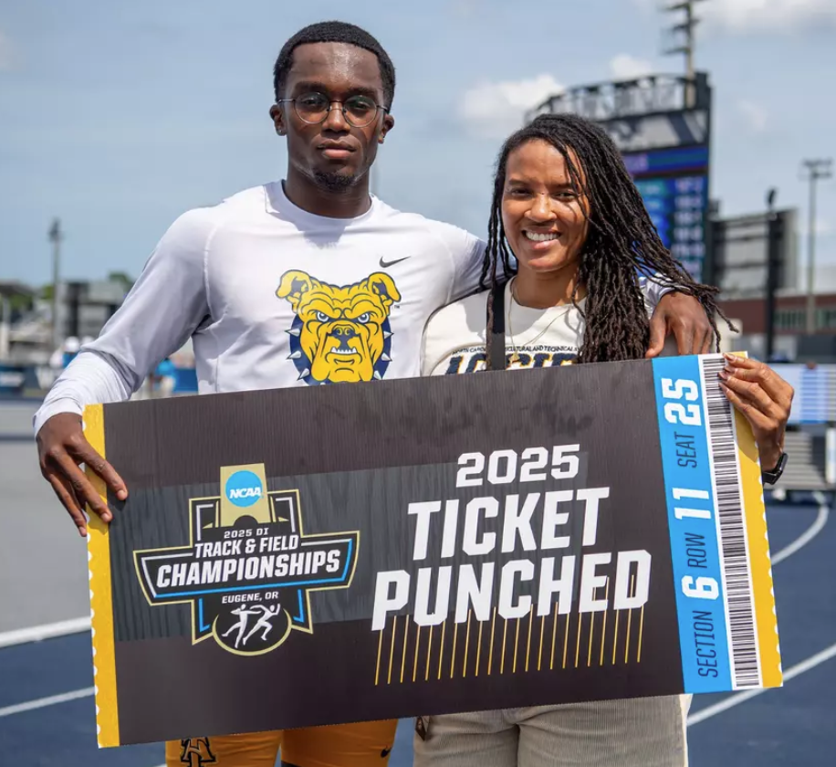 Two track athletes celebrate their qualifying for the NCAA Championships