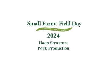 Promotional graphic for Small Farms Field Day 2024. The text is displayed in green on a white background. The event slogan, "research - apply - adapt," is placed on a curved green banner below the title. The focus topic for the event is "Hoop Structure Pork Production."