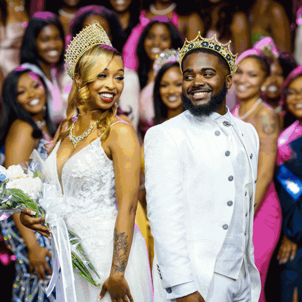 Animated gif of the homecoming queen and king at coronation, Kappas at the stepshow jumping with canes, The marching band at the parade, Aggie Alumni couple wearing blue and gold on the yard, Aggie football player with the ball, Aggie college of education employees posing in front of backdrop for photos