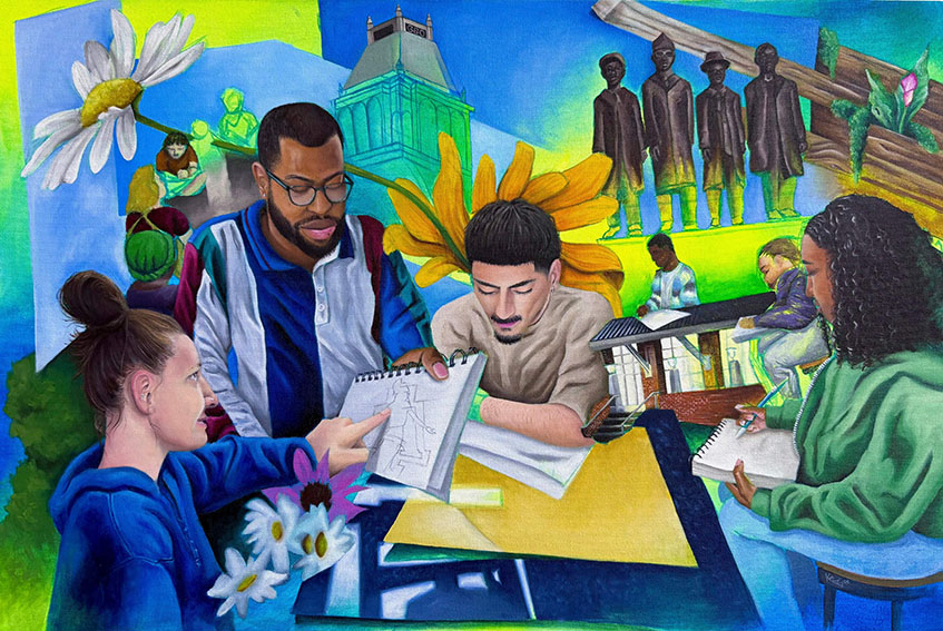The painting, "Resilience in Bloom," by Karrington Gardner showing imagery of his students from both A&T and UNCG alongside landmarks such as the February One monument, the Lincoln Financial Group building and architectural details from each campus.