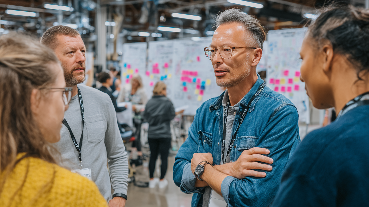 two men and two women of various ethnicities having a discussion in a large open technical space